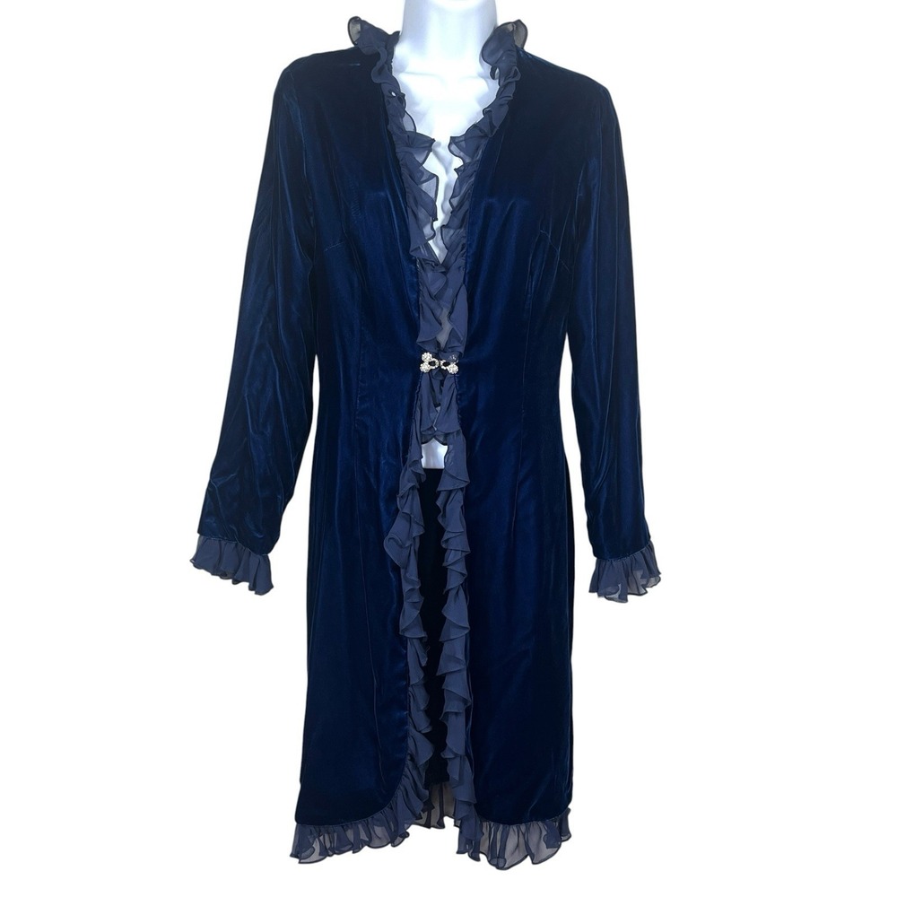 Vintage Velvet Duster Jacket Size 2 Blue‎ Ruffle Jewel Clasp Edwardian Romantic
